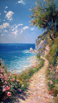 an oil painting of a path leading to the ocean with pink flowers on either side