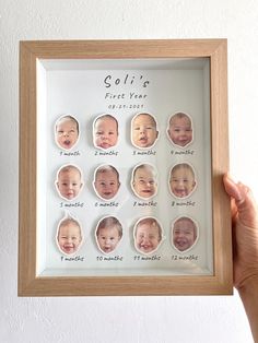 Celebrate every precious moment of your baby's first year with our personalized frames. From birth to that unforgettable first birthday, each milestone is a memory worth cherishing. This is the perfect gift for new parents--a heartfelt and lasting way to commemorate their little one's first year. **How to Order - Send your images via Etsy messages or email them to **solipartyco@gmail.com**. - Please submit your 12 photos right after purchase to avoid any delays in processing your order. **PRODUCT DETAILS** - Wooden frame - Frame size: 9 x 11 x 1.7 inches **FOR BEST RESULTS - Send original photos in their original size (no screenshots, please). - Avoid zooming into the photos, as this can reduce their quality. - Ensure the image is high resolution and that the baby's face is clearly visible Scrapbooking Baby’s First Year, First Birthday Memory Ideas, September Monthly Baby Photos, 11 Month Milestones Photo Ideas, Milestone Picture Ideas For Boys, Baby 2 Months Photography, 1 Year Boy Photoshoot, Baby Half Birthday Ideas 6 Months, 11 Month Baby Photo Ideas