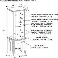 the measurements for an armoire cabinet with drawers and drawers on each side is shown