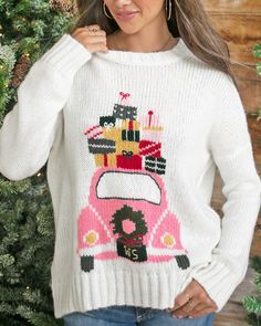 Cozy up in this adorable, fresh take on a Christmas sweater. Incredibly soft to the touch, dropped shoulder and perfectly oversized body make this both flattering and cozy at once. A holiday themed graphic is knit directly into the sweater. This versatile knit pairs with everything from denim to leggings. Composition: 76% Acrylic, 12% Mohair and 12% Wool Boyfriend Cardigan, Wooden Ship, Boyfriend Fit, Personal Marketing, Knitting Materials, Soft Knits, Stay Warm, Christmas Sweaters, Knitwear