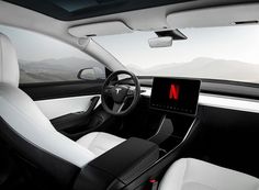 the interior of a car with white leather and black trims is shown in this image