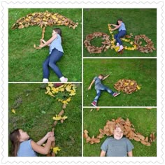 a collage of photos shows a woman laying on the grass with leaves