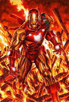 an iron man standing in front of fire