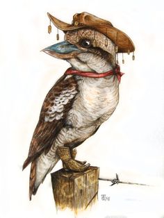 a drawing of a bird with a hat on it's head sitting on a post