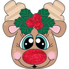 a reindeer head with holly leaves on it's antlers and red glitters