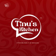 the logo for tinu's kitchen on a red background with swirly designs