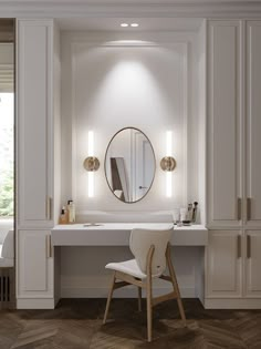 a white chair sitting in front of a mirror