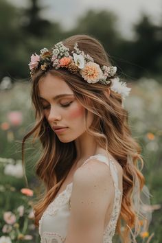 a woman with long hair wearing a flower crown on her head in a field full of flowers