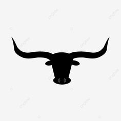 a bull's head with long horns is shown in black on a white background