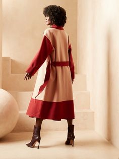 BR x HARBISON | Italian Wool & Cashmere Color-Block Robe Coat | Banana Republic Color Block Clothes, Color Block Coats, Rose Jacket, Belted Robe, Cashmere Color, Oversized Coat, Banana Republic Women, Red Clay, Striped Blazer