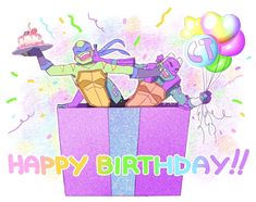 a birthday card with two cartoon characters in a gift box and confetti balloons