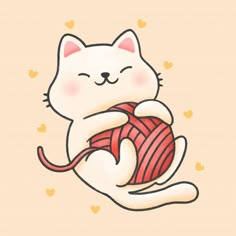 a drawing of a white cat holding a ball of yarn with hearts on the background