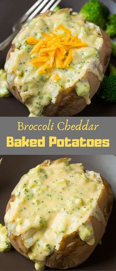 baked potatoes with broccoli cheese sauce on top and another side dish in the middle