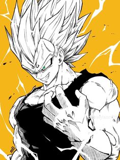 a drawing of gohan in black and white with green eyes, on an orange background