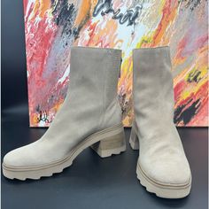 Dolce Vita Martey H2o Boot In Ivory Suede The Modern Waterproof Boot. With A Stacked Heel And Lug Sole, Martey Matches A Little Edge With A Super-Sleek Silhouette. She'll Go With Everything, Rain Or Shine, And She's Made With Recycled Materials. Msrp $160.00. Shoe-0010 Size 7.5 Bundle & Save. Offers Welcome! Please Check All Pictures. Shoes Are New But Can Have Scuffs And Pallet Dust. Please Ask Questions If Needed. Suede Upper Rubber Outsole Textile + Synthetic Lining Synthetic Sock 6.0" Shaft Rain Or Shine, Dolce Vita Shoes, Lug Sole, Waterproof Boots, Stacked Heel, Recycled Materials, Bootie Boots, Heel Height, Ankle Boots