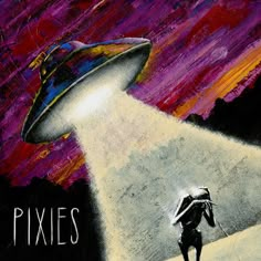 an illustration of a person walking towards a flying object with the words pixies on it