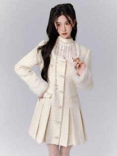 ❤︎Square color fur trim fragrance dress❤︎

Please allow 2-3 weeks for product delivery. High Neck Lace Top, Outfit Korean, Royal Dresses, Tweed Coat, Lace Bodysuit, Modest Outfits, Coat Dress, Fur Trim, Pleated Dress