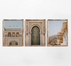 three framed photographs of an old building with a green door in the middle and another one on the other side