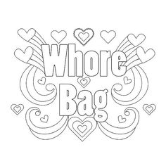 the word who's bag with hearts and swirls in black ink on a white background