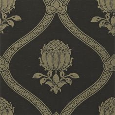 a black and gold wallpaper with an ornate design on the front, featuring flowers