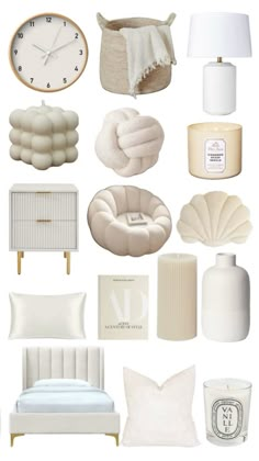 a collage of white furniture and accessories