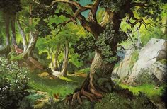 a painting of trees and rocks in a forest with green grass, rocks and flowers