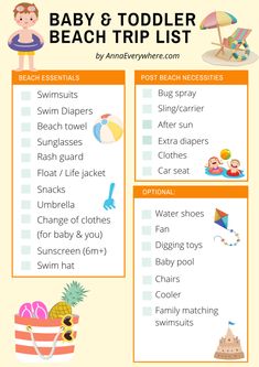 the baby and toddler beach trip list is shown in orange, with an image of a