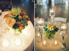 two pictures side by side, one with candles and the other with flowers in vases