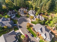 an aerial view of houses in the suburbs with trees and grass on either side of the road