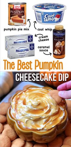 pumpkin pie cheesecake dip recipe with instructions for making it in an ice cream container