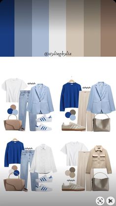 What Colors Go With Light Blue Clothes, Light Blue And Tan Outfit, Light Blue Combination Outfit, Light Blue Dress Pants Outfit, Light Blue Pants Outfit Work, Cream And Blue Outfits, Outfits Color Azul, Summer Color Palette Clothes, Blue And Khaki Outfit