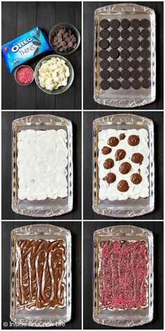 six different types of desserts in pans on top of a wooden table with chocolate, marshmallows, and pretzels