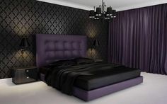 a bedroom with black and purple decor in the corner, lights on either side of the bed