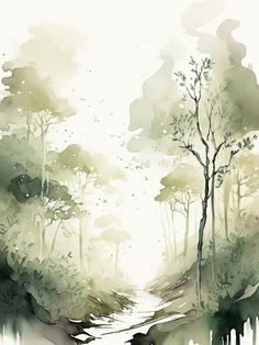 watercolor painting of a forest with trees and stream in the foreground, on white paper