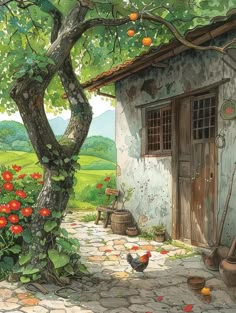 a painting of an old house with chickens in the yard and oranges on the tree