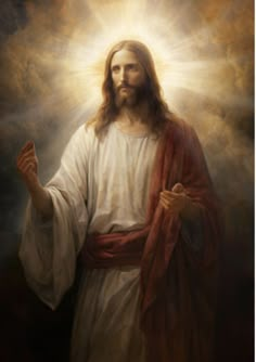 a painting of jesus holding his hands up