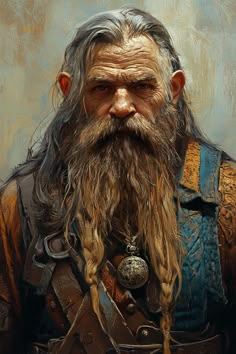 a painting of an old man with long hair and beard