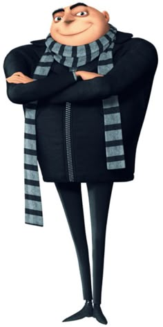 the animated character is dressed in black and grey striped clothing with his arms crossed on his chest