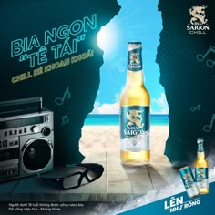 an advertisement for a beer on the beach with sunglasses and headphones next to it