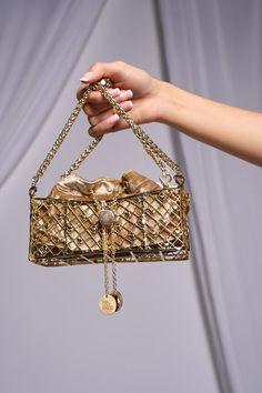 Gold mini bra bag, handcrafted from brass and 24K gold plating, metal bag encases a velvet potli, adorned with charms. - Aza Fashions Papa Don't Preach, Bra Bags, Metal Bag, Metal Embellishments, Fresh Color Palette, Fresh Color, Metallic Bag, Gold Fabric, Embroidered Bag