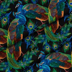 a black background with multicolored peacocks on it