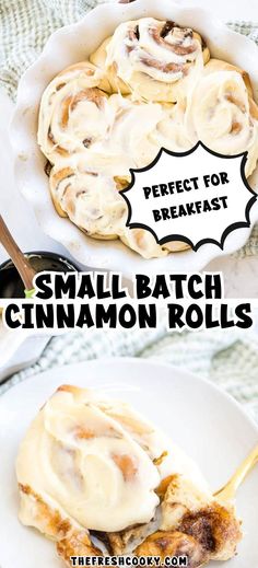 small batch cinnamon rolls with cream cheese frosting in a white dish on a table