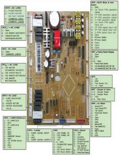 an electronic board with many components labeled in it