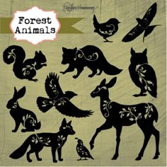 the silhouettes of different animals and birds are shown in black on a beige background