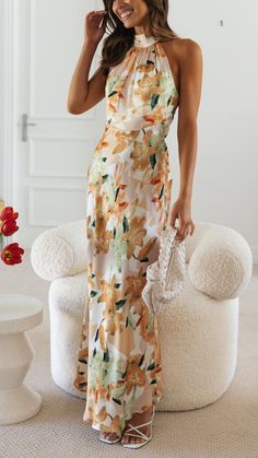 Toperth Floral Halter Open Back Maxi Dress – Toperth Green Halter Dress, Vacation Maxi Dress, Backless Long Dress, Dress Sleeve Length, Printed Halter Dress, Woman Personality, Warm Dresses, Elegant Pattern, Backless Maxi Dresses