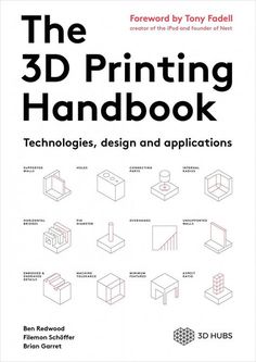 the 3d printing handbook is shown in black and white, with an image of buildings on it