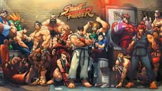 the street fighter characters are posing for a photo