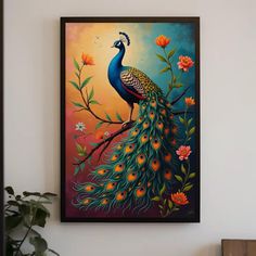 a painting of a peacock sitting on top of a tree branch next to a potted plant