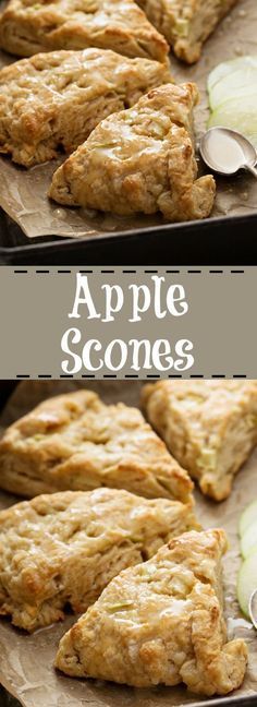 apple scones on a baking sheet with some sliced apples in the background and an image of