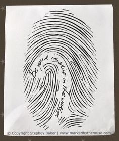 a black and white drawing of a fingerprint on a piece of paper with writing